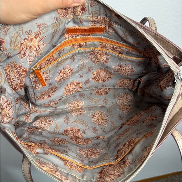 Hobo Leather Shoulder Tote Bag Brown Taupe Two Exterior Pockets Floral Lining - Picture 9 of 11